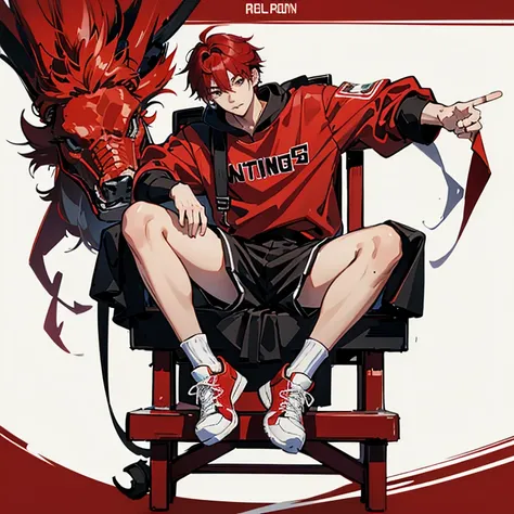 1 Korean young man，20yr old，Hair is medium length，Red sweatshirt，Black  shorts，Red and white high top basketball shoes，sitted，Look down，lift the foot，badass anime4k，handsome anime pose