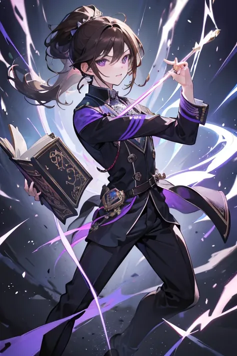 Masterpiece, 1boy, brown hair, black and purple suit, full body, sword, magic book on hand, best quality, high res, laughing, ponytail, short hair, cute face, cute hair, professional, epic, black electricity, perfect anatomy, scars,