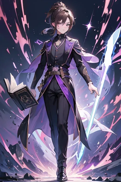 Masterpiece, 1boy, brown hair, black and purple suit, full body, sword, magic book on hand, best quality, high res, laughing, ponytail, short hair, cute face, cute hair, professional, epic, black electricity, perfect anatomy, scars,