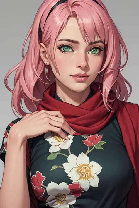 Super-realistic full-length Fashion photoshoot of a mature female, sakura(boruto) as a Pakistani fashion model woman, perfect face, perfect nose, perfect green eyes, perfect lips, with (pink wavy semi-long hair, bangs), wearing (black floral) cotton Pakist...