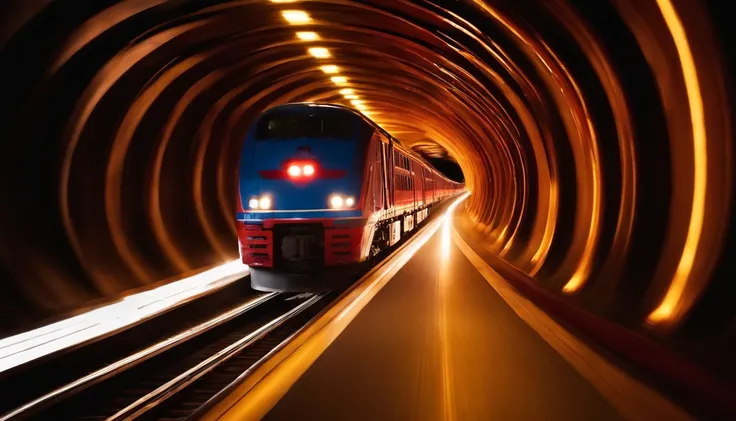 a mesmerizing shot of the train rushing through the tunnel, with vibrant streaks of light creating a dynamic and energetic atmosphere.