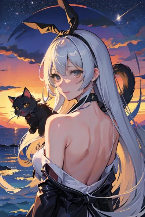 hyper detailed, perfect anatomy, extremely detailed and delicate, 1 girl, shimakaze(kancolle), 1 black cat, night sky, stars, milkyway, hugging a black cat,