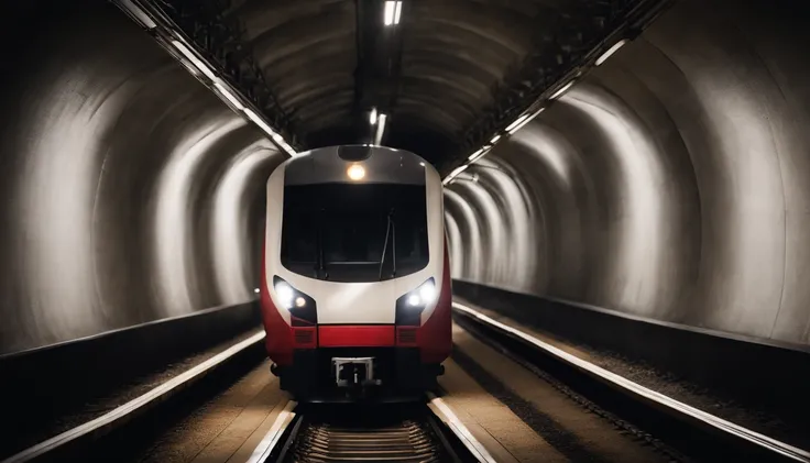 a symmetrical shot of the train moving through the tunnel, with the tunnel walls and tracks converging in the frame, creating a striking visual effect