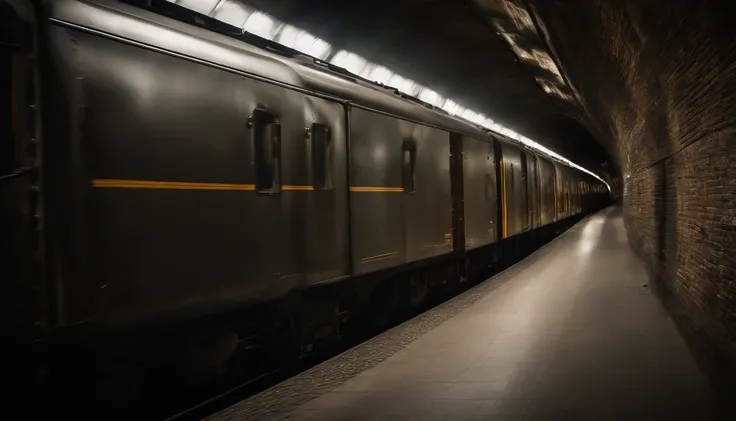 a textured shot of the train’s surroundings inside the tunnel, showcasing the gritty and industrial nature of the environment, with motion blur adding an element of dynamism