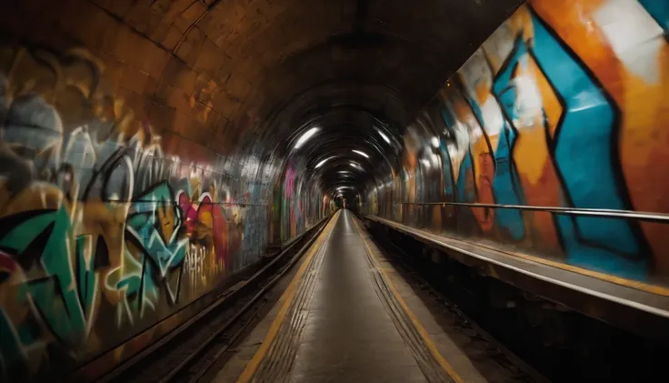 a creative shot of the train moving inside the tunnel, with colorful graffiti or artwork on the tunnel walls adding an artistic and urban touch to the image