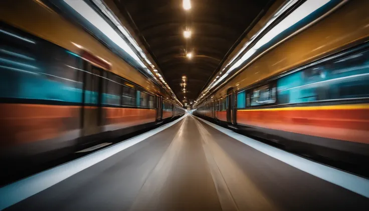 a creative shot of the train moving inside the tunnel, with colorful graffiti or artwork on the tunnel walls adding an artistic and urban touch to the image