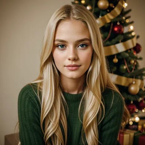 beautiful young girl, long blonde hair, looking at viewer, head portrait, photorealism sitting next to christmas tree