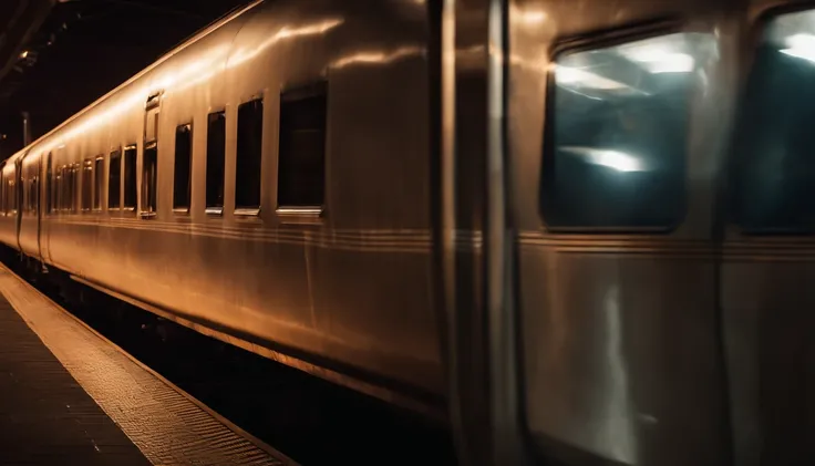 a reflective shot of the train’s lights bouncing off the tunnel walls, creating a mesmerizing and ethereal glow