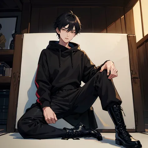 1 Korean young man，20yr old，Hair is medium length，Tall，Black sweatshirt，black long pantlack military boots，sitted，lift the foot，badass anime4k，handsome anime pose，looking to the camera