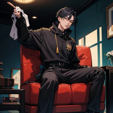 1 Korean young man，20yr old，Hair is medium length，Tall，Black sweatshirt，black long pantlack military boots，sitting in the couch，Put your feet on the ground，Lift one foot，badass anime4k，handsome anime pose，looking to the camera