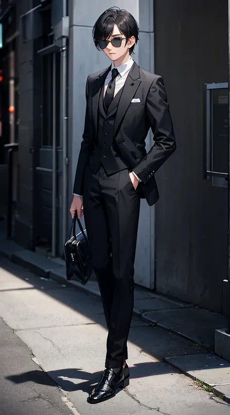 teenager wearing a black suit, black tie, wearing white shoes, black hair, wearing sunglasses