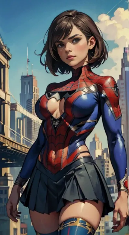 Jenna Louise Coleman、Sticking out the navel、newyork、She wears a torn Spider-Man suit,wearing skirt、abstract photorealistic、artistic、Alphonse Muchas painting(​masterpiece、top-quality、hight resolution:1.4)、detaileds、複雑なdetaileds、4K、color splashes、line-drawin...