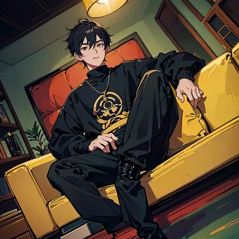 1 Korean Youth，20yr old，Hair is medium length，tall，Black sweatshirt，black trousers and combat boots，sitting in the couch，put two feet on the ground，Lift the toes of one foot，Badass anime 4k，handsome anime pose，looks into camera，POV perspective，Laugh terril...