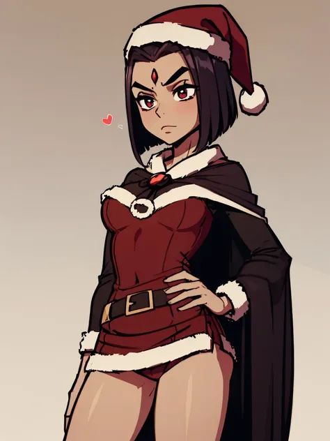 Raven, santa outfit, red jewel on forehead, santa hat, detailed