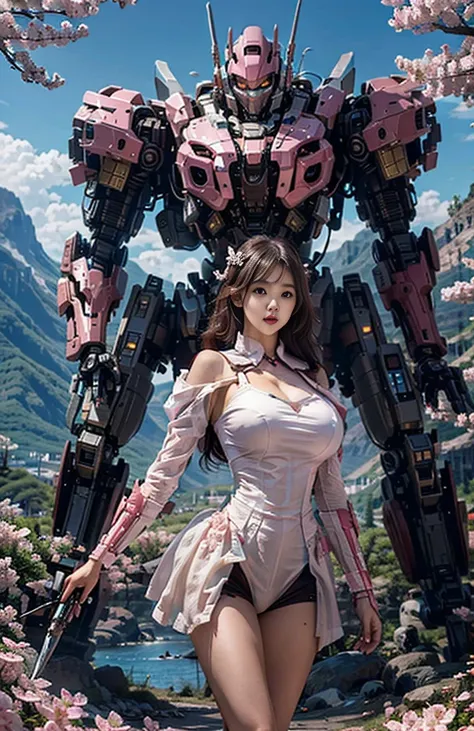 The mech warrior is stout and holding a huge weapon, and the mech beauty is holding a knife, cherry blossom pink