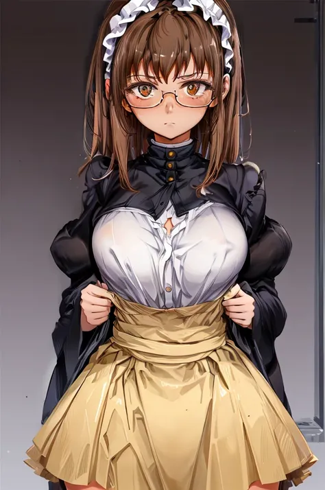 1girl, medium breast, medium-length brown hair, orange brown eyes, glasses, open forehead, maid uniform, hands folded on the chest, disgust look