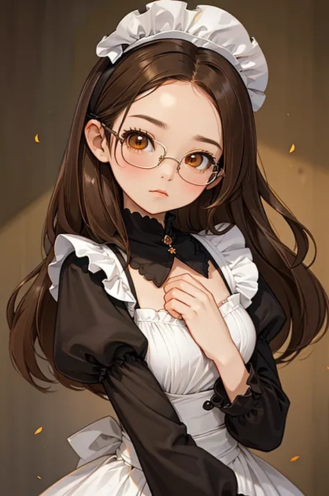 1girl, medium breast, medium-length brown hair, orange brown eyes, glasses, open forehead, black shirt, puffy sleeves, long sleeves, closed clothes, maid headdress, hands folded on the chest, disgust look