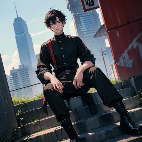 1 Korean young men，20yr old，Hair is medium length，tall，Black  top，black trousers and combat boots，Sitting on the steps，Lift one toe，Badass anime 4k，handsome anime pose，looks into camera，POV perspective，Badass anime 8K