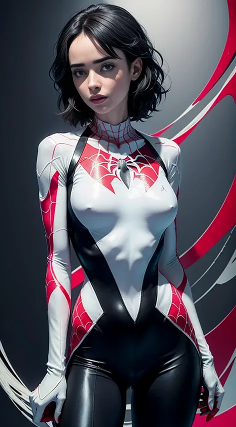 spider gwen, Hot, partial , hightquality, Dynamic Poses, Beautiful, Gorgeous, In love,Short suit, spider in a suit, white black red suit、Krysten Ritter