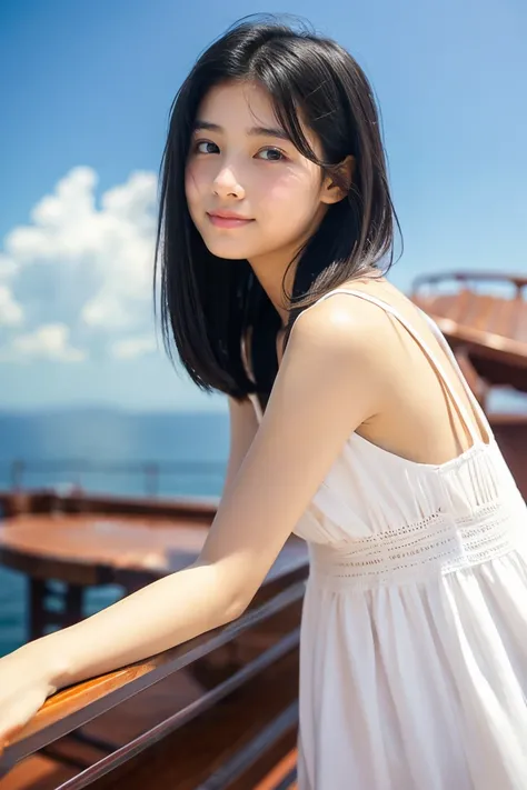 Beautiful girl in a white summer dress、sixteen years old、japanes、Gazing at the sea from the deck of a ship、Wheat-colored　The skin、heavy wind、Black Hair Straight Short Hair、Luxury liner、少し日焼けしたThe skin、