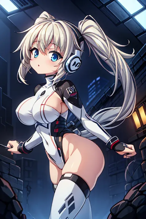 4K,hight resolution,One Woman,White blonde hair,poneyTail,head phone,Colossal tits,ninjartist,White Cybersuit,Knives,underground city