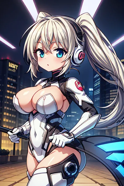 4K,hight resolution,One Woman,White blonde hair,poneyTail,head phone,Colossal tits,ninjartist,White Cybersuit,Knives,underground city