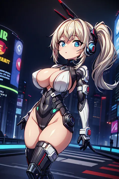 4K,hight resolution,One Woman,White blonde hair,poneyTail,head phone,Colossal tits,ninjartist,White Cybersuit,Cyberpunk Handgun,underground city