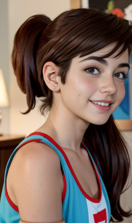 Photo of a 14 year-old american girl, .RAW, beautiful teenage girl, (Long brown hair with ponytail), light brown hair ponytail hairstyle((retrato)), ((Cara detallada:1.2)), ((Detailed facial features)), (Piel finamente detallada)  , (Masutepiece) (proporci...