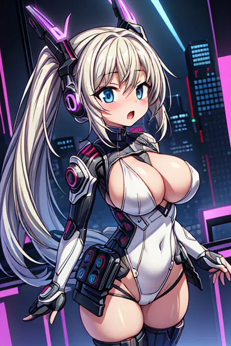 4K,hight resolution,One Woman,White blonde hair,poneyTail,head phone,Colossal tits,ninjartist,White Cybersuit,Cyberpunk Handgun,underground city、red blush、Opening Mouth、