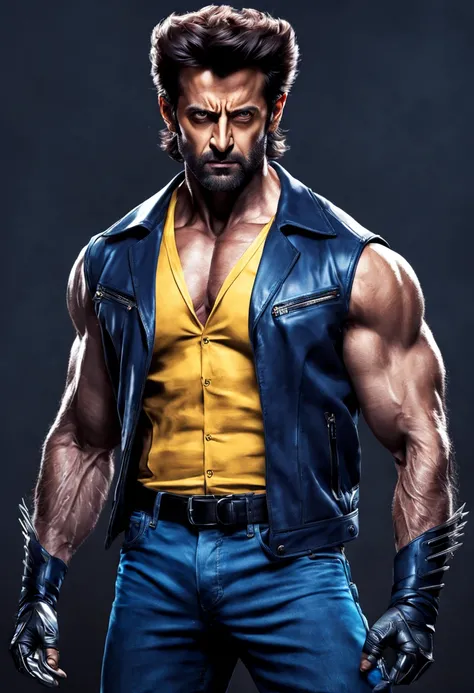 hrithik roshan, an indian movie star, reimagined as wolverine in his comic accurate costume, ultrarealistic, extra detailed face