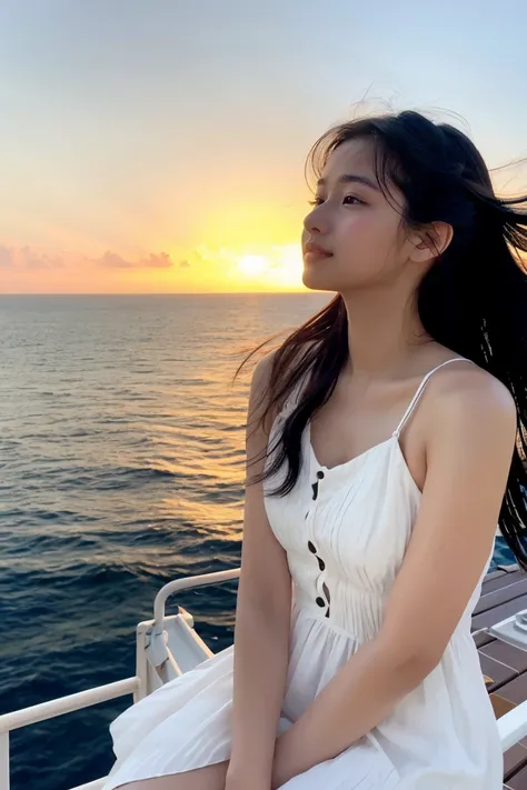 Beautiful girl in a white summer dress、10yaers old、japanes、Gazing at the sea from the deck of a ship、No bulge in the chest、Wheat-colored　The skin、heavy wind、A dark-haired、Luxury liner、少し日焼けしたThe skin、Black、