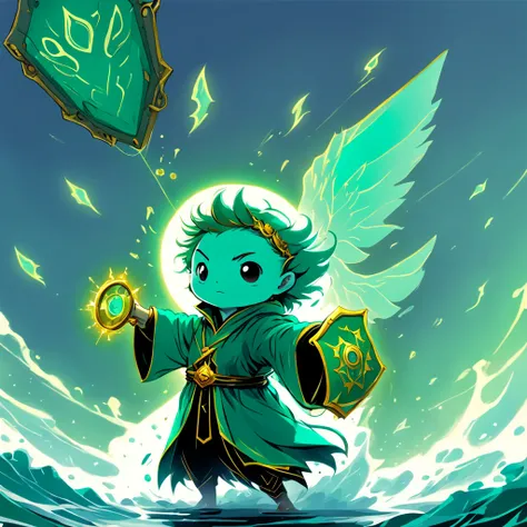 Bard in a sea-green robe with a Animated Shield in hand sea-green and ghostly sea-green with a hand reaching out and a gold winged marking on shield, the air vibrates with ghostly songs, ink punk