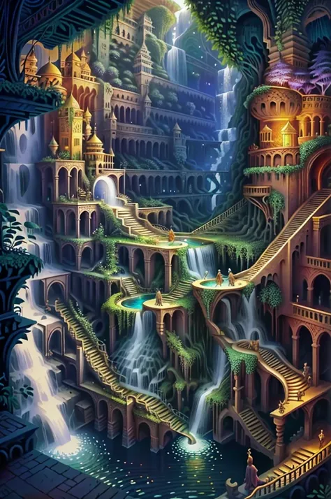 imagine the hanging gardens of babylon as a mystical realm, with floating waterfalls and glowing flora.