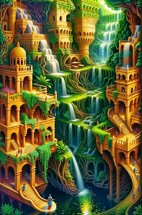 think of the hanging gardens of babylon as a mystical realm, with floating waterfalls and vibrant flora.