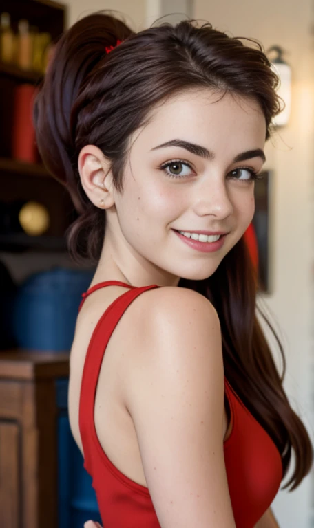 Photo of a 14 year-old american girl, .RAW, beautiful teenage girl, (Long brown hair with ponytail), light brown hair ponytail hairstyle((retrato)), ((Cara detallada:1.2)), ((Detailed facial features)), (Piel finamente detallada)  , (Masutepiece) (proporci...