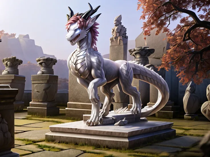 HD, photorealistic, half transformation, college girl stands on empty stone statue plinth outside of cursed eastern temple, human eastern dragon hybridization gradual petrification transformation, petrification curse, glowing magic converting flesh to ston...