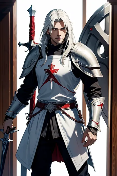 A single male Christian Templar knight in a white and red, has a sword and shield. Long back hair, medieval, gothic templar Christian knight, crusader, paladin.