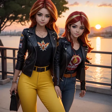 1 hermosa chica , 20yr old , Sunsethuman , Sunset Shimmer from my little pony, Sunset Shimmer in the form of a girl , pechos grandes , pechos voluminosos, pechos firmes , sexy , blusa azul , small black jacket with folded sleeves , pantalon de mezclilla az...