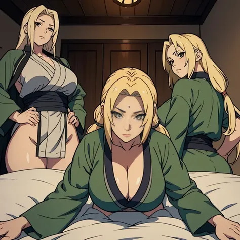 multiple thick body females lying down front side on bed with view of konoha, show 50% back side, raised hips, tsunade robe tsun...