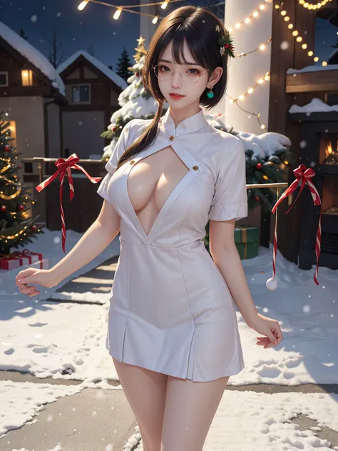 (masterpiece:1.3), live wallpaper, top-quality, Beautifully Aesthetic:1.2, ((1 girl)), solo, (red and white colors christmas uniform, shirt, long skirt), (black brown Hair, Straight hair, short hair), detailed face, detailed eyes, detailed ears, detailed l...