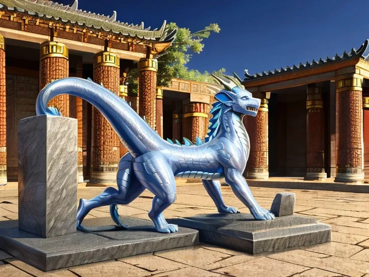 HD, digital art, half transformation, college girl stands on empty rectangular stone statue plinth outside of cursed eastern temple, human eastern dragon statue hybridization, partial petrification transformation, petrification curse, glowing magic convert...