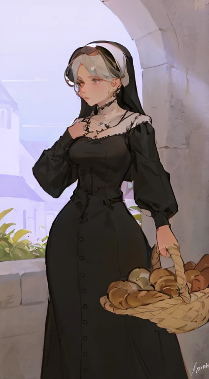 there is a woman in a black dress holding a basket of bread, nun outfit, artwork in the style of guweiz, black - haired mage, dressed like a cleric, yennefer of vengerberg, in the art style of bowater, yennefer, detailed fanart, abigail larson, inspired by...