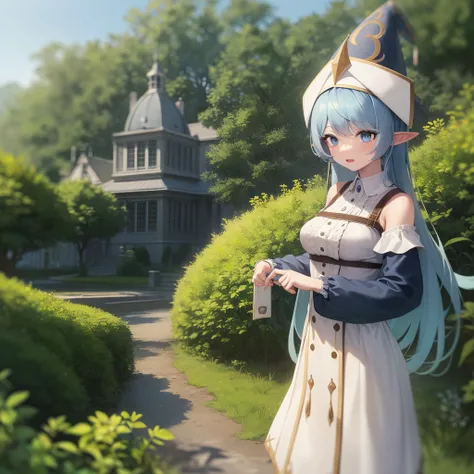 1girl, blue hair, blue eyes, elf ears, wizard hat, white dress, cowboy shot, outdoors, landscape,