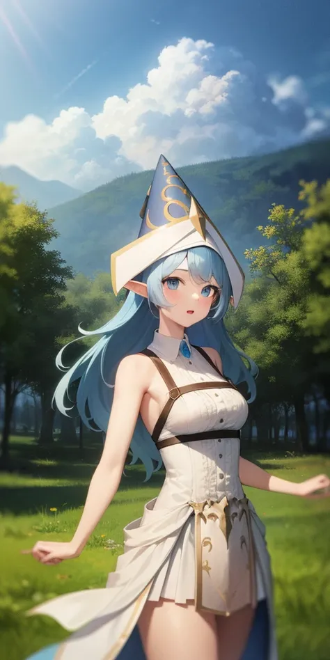 1girl, blue hair, blue eyes, elf ears, wizard hat, white dress, cowboy shot, outdoors, landscape,