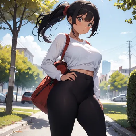 masterpiece, top quality, highly deteiled, voluptous girl 1 person, adult, tomboy, brown skin, black hair, hair ponytail with white, wearing a red deportive sweater, tight green t-shirt below sweater, devortive red pants , age: 22, view from front, pretty ...