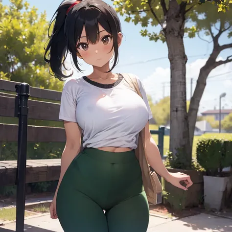 masterpiece, top quality, highly deteiled, voluptous girl 1 person, adult, tomboy, brown skin, black hair, hair ponytail with white, wearing a red deportive sweater, tight green t-shirt below sweater, devortive red pants , age: 22, view from front, pretty ...