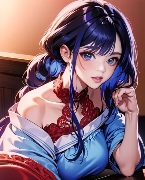 8K、quality、On the table、super high image quality、ultra - detailed、super beautiful、Super realistic hair texture、anime illustration、Super realistic sensuality、FULL-BODY ESBIAN、Charming look、shave 、Off-the-shoulder blue yukata、Beutiful women、blue long hair、po...