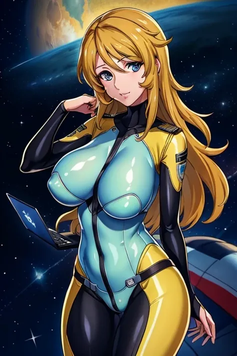 8k, 1girl,space ship,bodysuit, night,galaxy, space, huge breasts, holding laptop, looking at viewer, , solo focus, cowboy shot, (masterpiece:1.4),(best quality:1.4),(shiny skin),steaming body ,