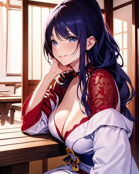 8K、quality、On the table、super high image quality、ultra - detailed、super beautiful、Super realistic hair texture、anime illustration、Super realistic sensuality、FULL-BODY ESBIAN、Charming look、shave 、Off-the-shoulder blue yukata、Beutiful women、blue long hair、po...