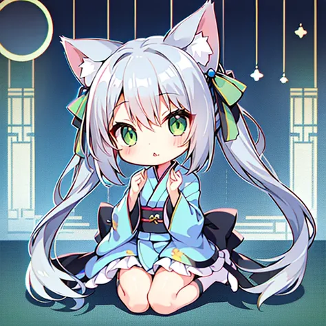 1 girl in、Long gray hair、Green eyes、Cats ears、Cats tail、Blue kimono、Chibi、Chibi Chara、Cat Pose、meow！、cute background body esbian、(High resolution of the highest quality)、((masterpiece best quality:1.2))、[[Bad face]], [[Fused fingers]]